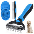 Double-Sided Pet Grooming Rake - 4-in-1 Professional Pet Grooming Kit Deshedding Dematting Tool for Dogs Cats Extra-Wide Grooming Brush & Deshedder Comb for Long & Short Haired Pets (Blue Kit 4PCS)