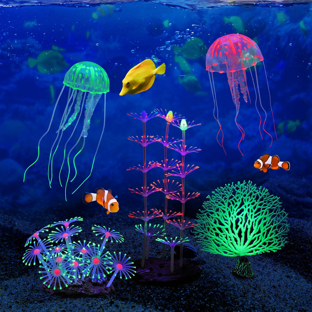 Lpraer 5 Packs Glow Aquarium Decorations Branch Coral Tree Glowing Jellyfish Simulation Glow Plant Glowing Effect Silicone for Fish Tank Decorations