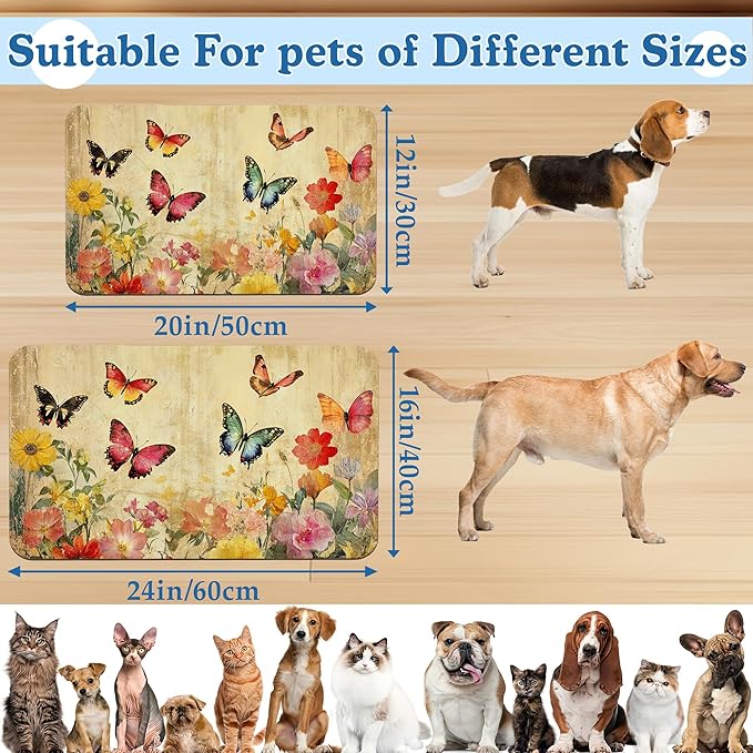 Vintage Butterfly Floral Pet Food Mat for Cats and Dogs–Absorbent Quick Dry Feeding Placemat, Non Slip Rubber Base, Waterproof Bowl Mat for Indoor Use, Pet Supplies 12"x20"
