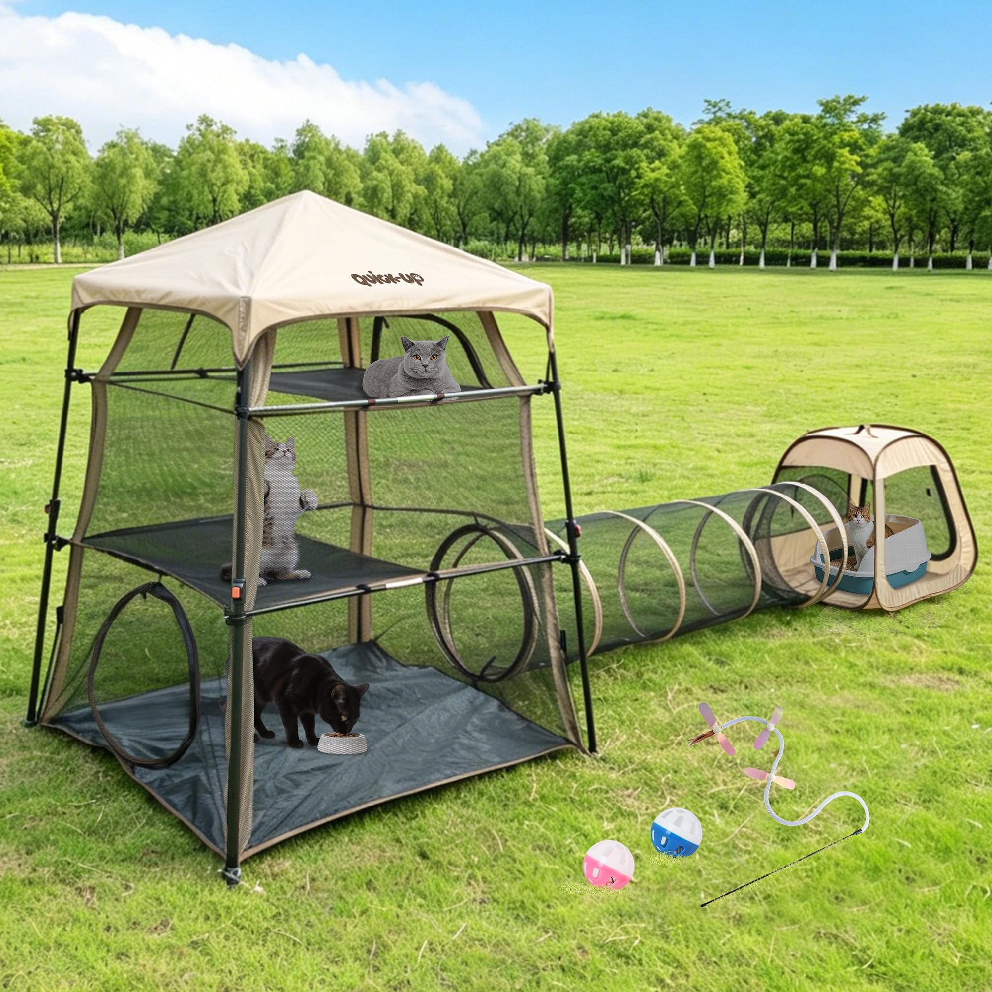 3 in 1 Portable Cat Enclosures with Tunnel & Cat House, Quick Setup Foldable Indoor Outdoor Cat Play Tent for Pet Families, Upgraded Stable Frame, Extra Large Space, Storage Bag + Cat Wand & Balls