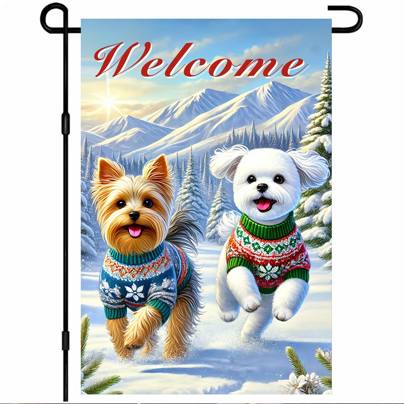 BlissYard Garden Flag Dog Pair Winter 12x18 Inch Polyester