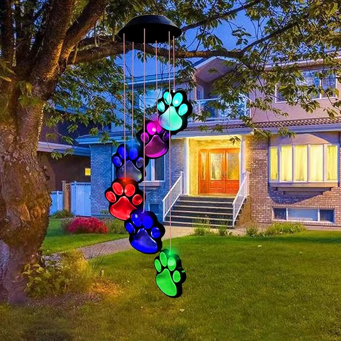 Paw Print Solar Wind Chimes, Color Changing Paw Prints Solar Lights Outdoor