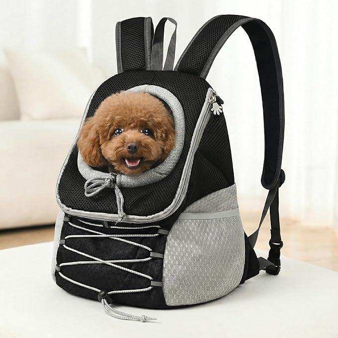 BARDIMIES Dog Carrier Backpack for Small Dogs 2-15 lbs, Breathable Front Chest & Back Pet Carrier, Puppy Backpack with Safety Tether for Hiking Walking, Shoulder Bag for Dog, Black Grey (M)