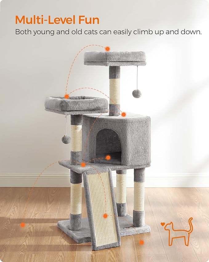 Feandrea Cat Tree, 45.3-Inch Cat Tower, Cat Scratching Post, Light Gray