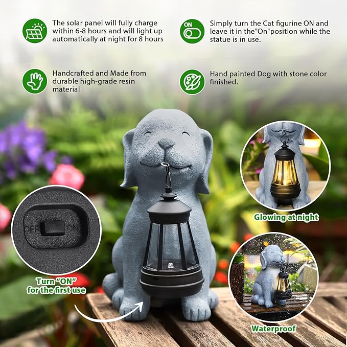 HSLILIMING Solar Dog Garden Statue with Lantern, Outdoor Waterproof Dog Figurine Decor for Patio Yard Lawn, Birthday Garden Gifts for Women Mom Grandma, Housewarming Gift New Home