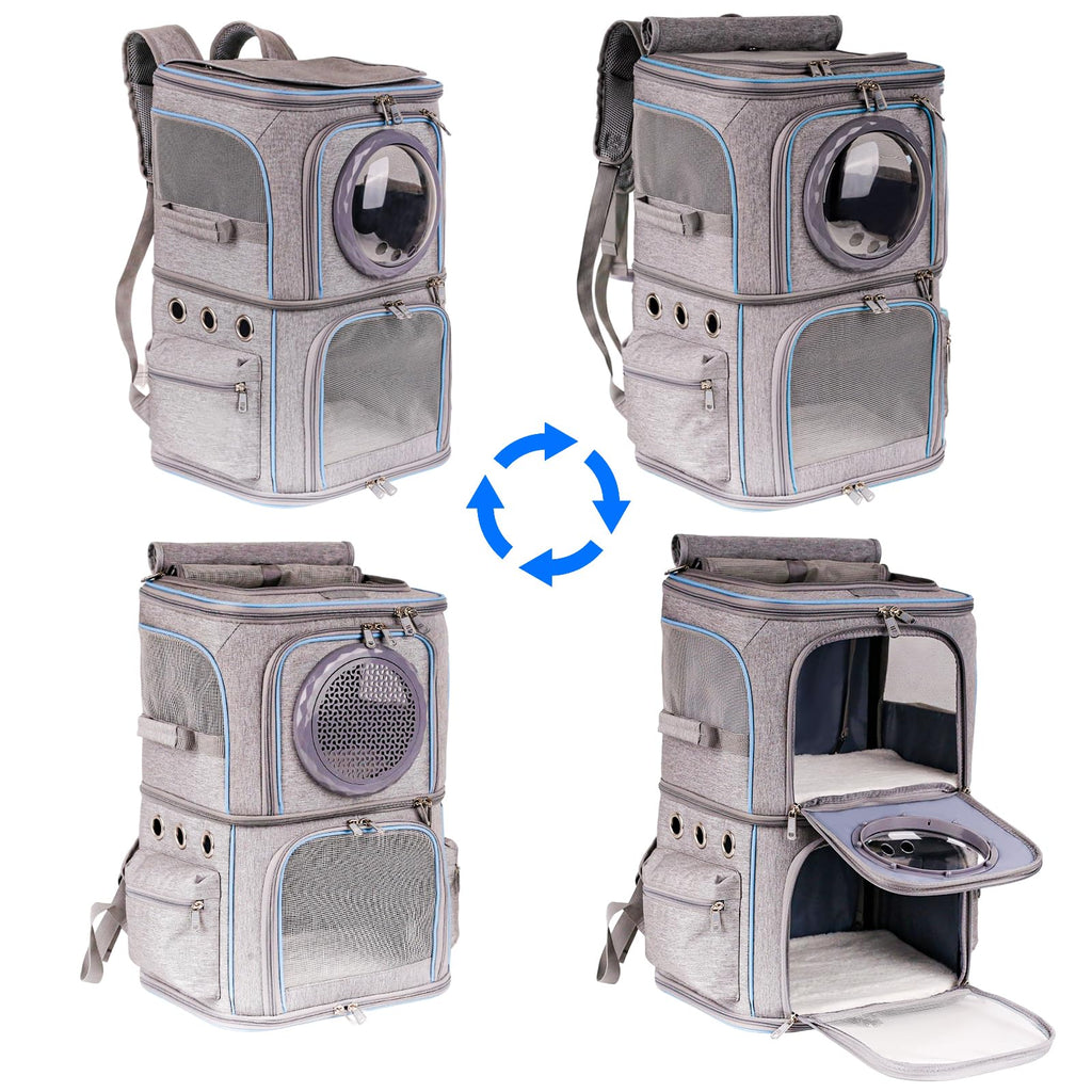 2-in-1 Pet Carrier Backpack for Two Cats or One Dog, Double-Layer 2 Compartment Carry Bag to Transport Small Animals Traveling and Hiking, Space Capsule Clear Bubble Dome