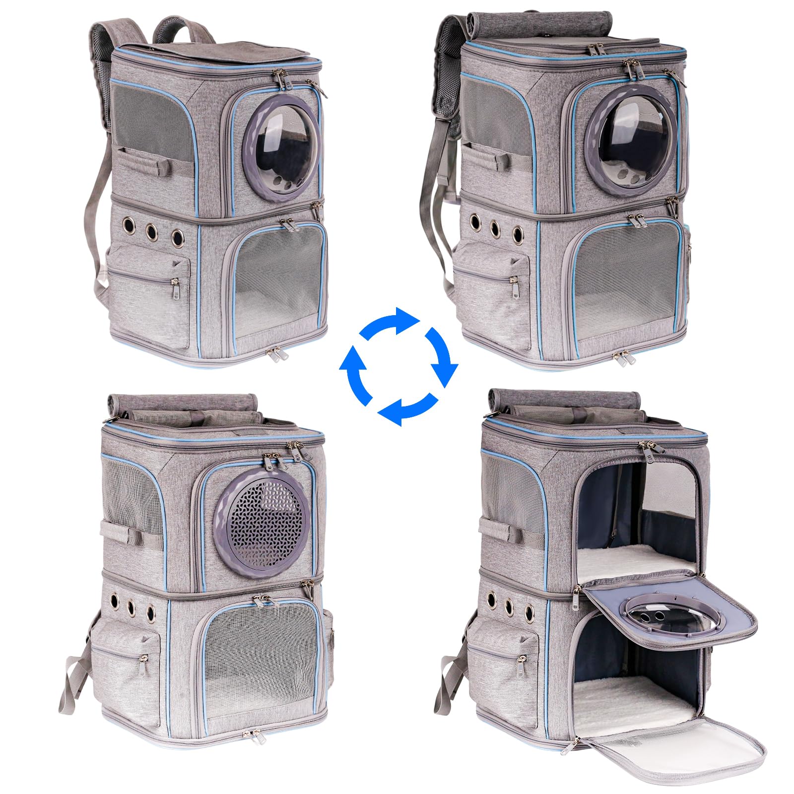 2-in-1 Pet Carrier Backpack for Two Cats or One Dog, Double-Layer 2 Compartment Carry Bag to Transport Small Animals Traveling and Hiking, Space Capsule Clear Bubble Dome