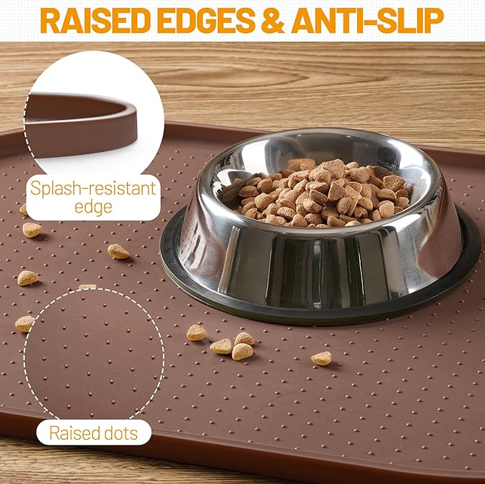 Hubulk 100% Waterproof Silicone Pet Feeding Mat with Raised Edge for Food and Water, Dog Bowl Mats, Cat Bowls Placemat with High Lip Protects Floor for Cats and Dogs (Brown, 19" L x 12" W)