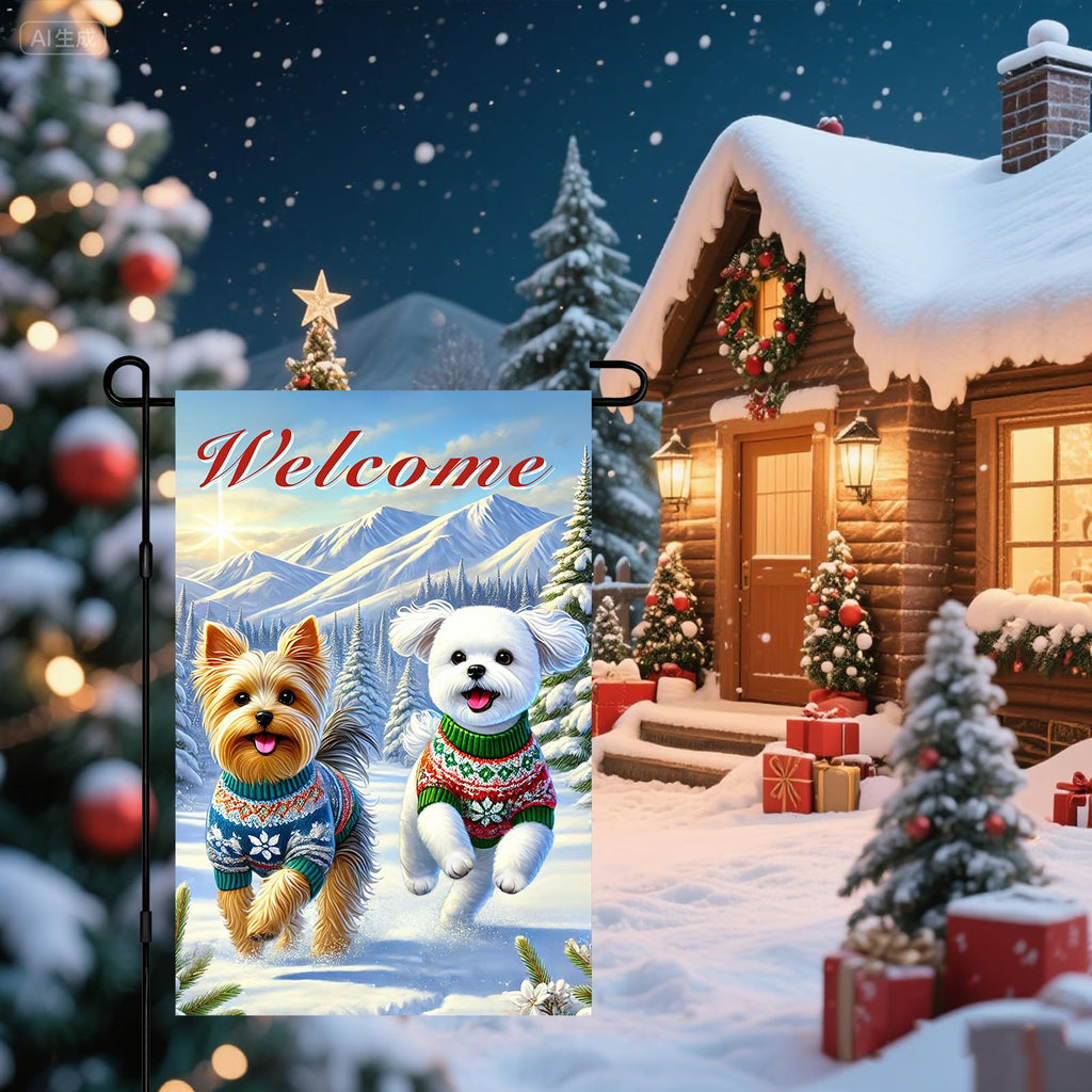 BlissYard Garden Flag Dog Pair Winter 12x18 Inch Polyester