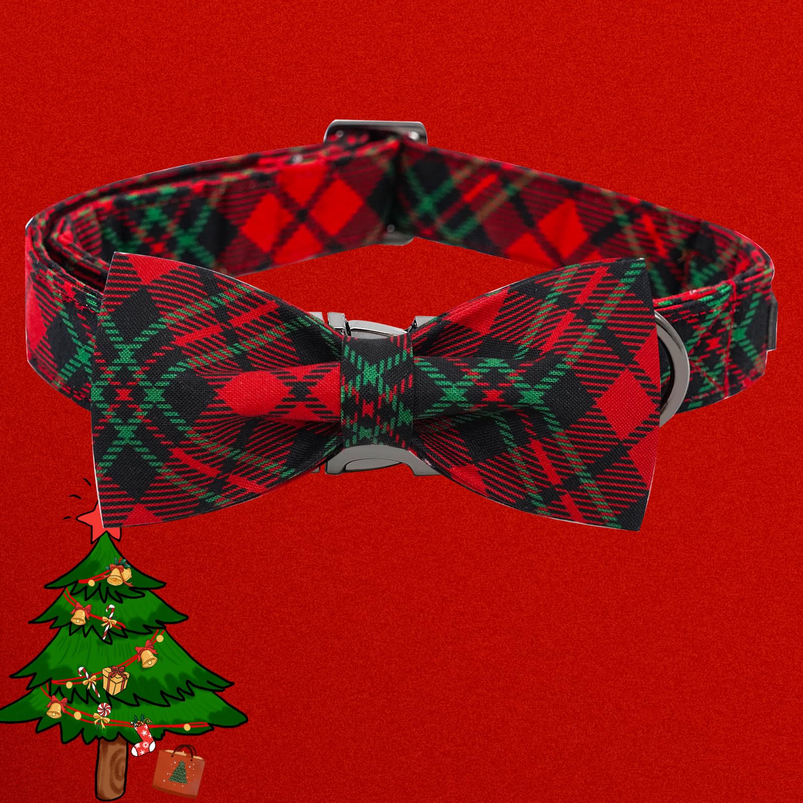 Bobo Rainbow Dog Collar, Christmas Dog Collar Plaid Pet Collar Bow Holiday Bows Girl Boy Puppy Collar Adjustable Pet Collar for X-Large Dogs