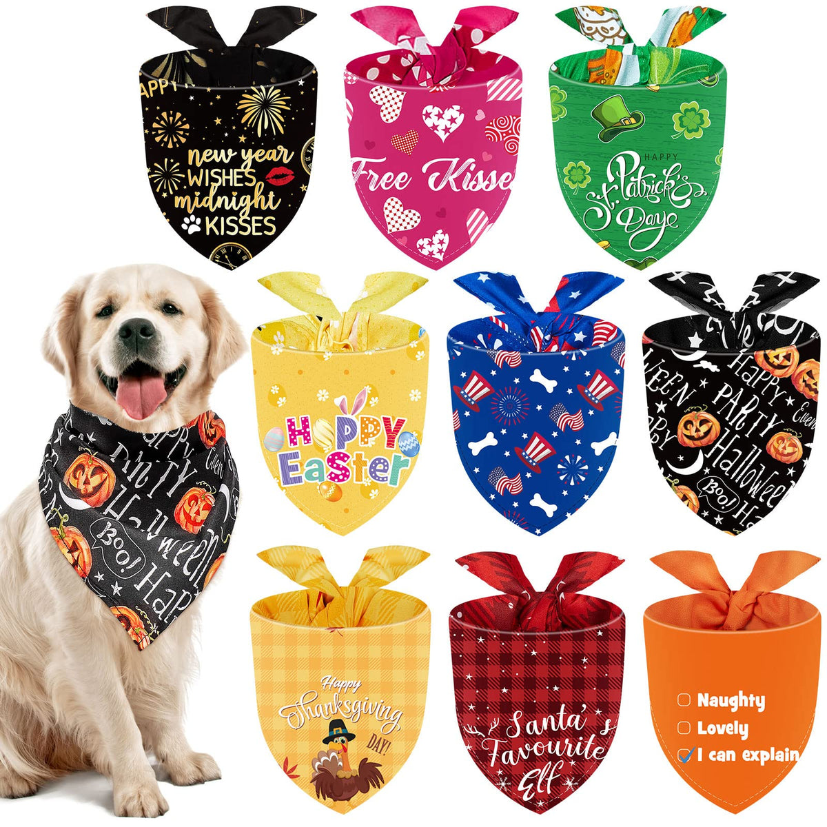 Weewooday 9 Pcs Holiday Dog Bandanas Adjustable Washable Pet Scarves