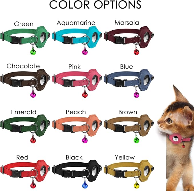 Breakaway Airtag Cat Collar with Removable Bell - Leather Pet Collar with Apple Air Tag Holder - Adjustable GPS Collars for Girl Boy Cats Kitten Puppy - Lightweight, Cute and Comfortable (Black)
