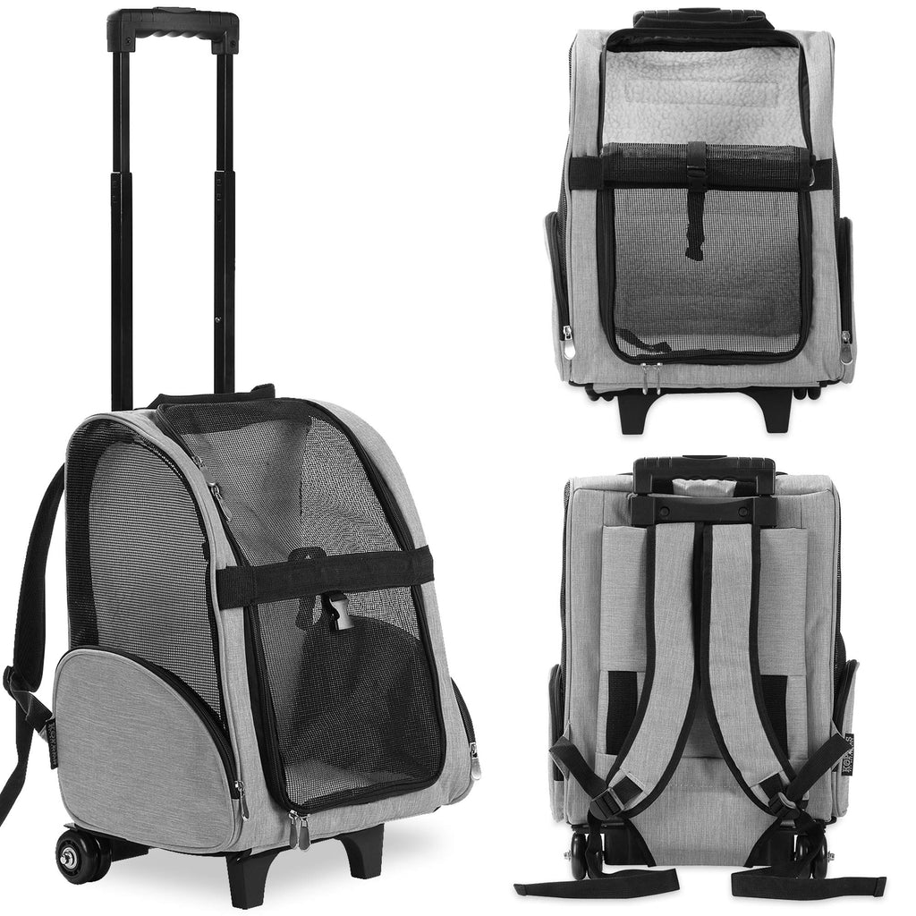KOPEKS Deluxe Backpack Pet Travel Carrier with Double Wheels for Pets up to 18 Pounds - Grey