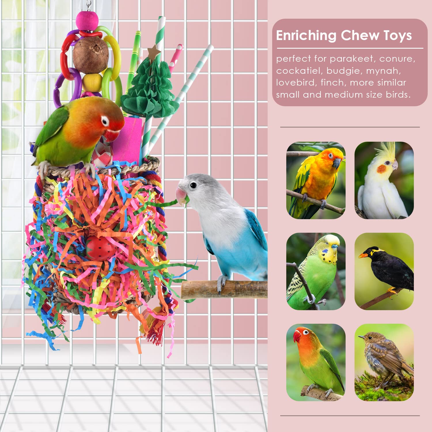 KATUMO Bird Toys, Parrot Grass Basket and Shredding Foraging for Parakeets, Cockatiels, Conures, Small and Medium Bird Cage Accessories