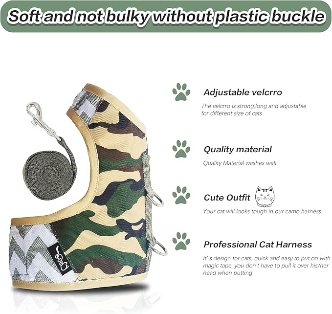 YIZHI MIAOW Cat Harness and Leash Set Escape Proof, Camo Green, Medium