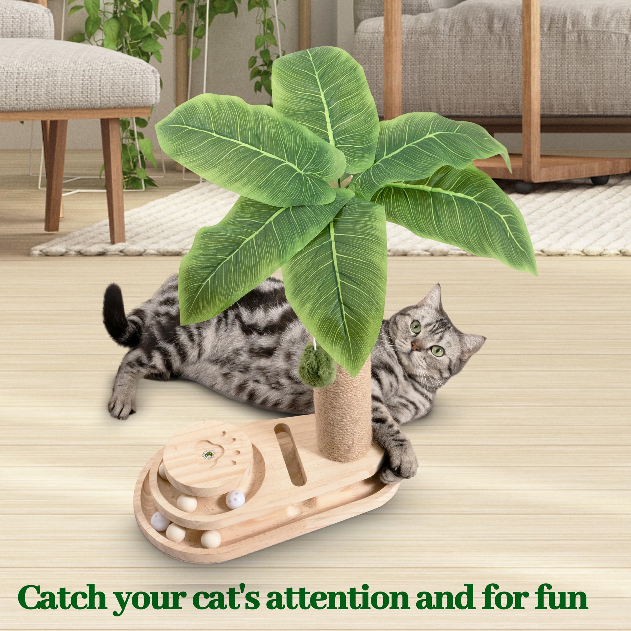 Meowoou Cat Scratching Post Cat Scratcher Interactive Toy with Dangling Ball for Indoor Kitten 2 Layer Base Wooden Ball Track 17.7" Tall Modern Sisal Scratch Pole