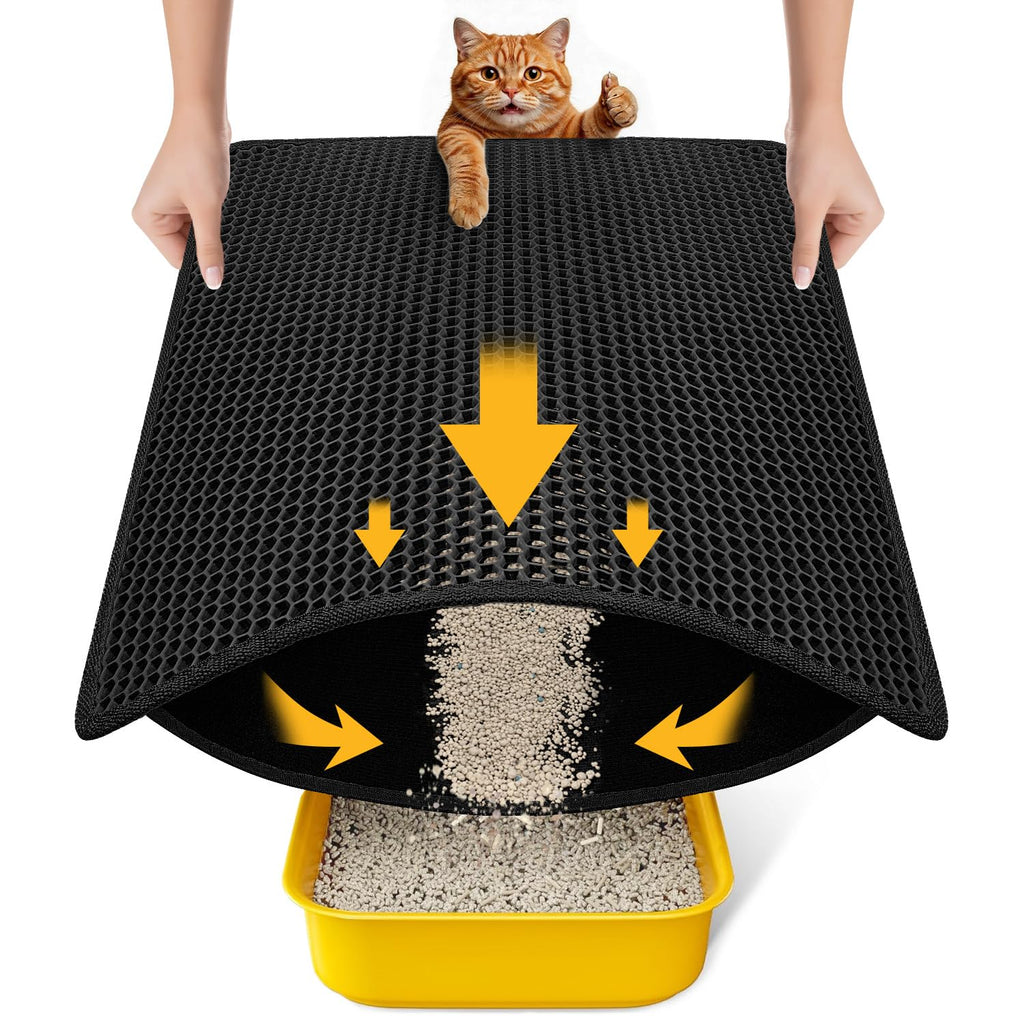 Cat Litter Mat, Upgrade Super Waterproof Back Layer Litter Box Mat, Non Slip, Durable, Soft on Paws Kitty Trapping Matt (24"x18", Black)