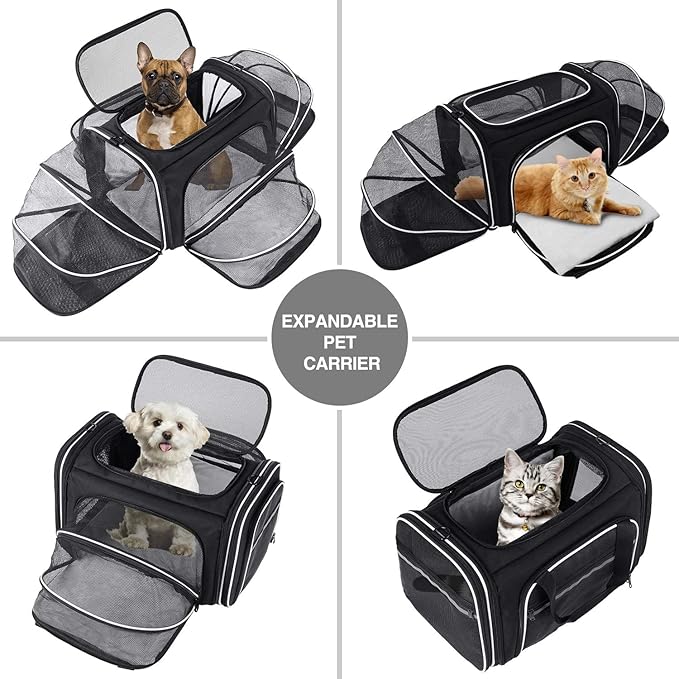 MASKEYON TSA Airline Approved Large Pet Travel Carrier,4 Sides Expandable with 2 Mesh Pockets,3 Entry, Soft Sided Collapsible Dog Carrier for 2 Cats,Kittens,Puppies,Dog, X-Large, Black & White