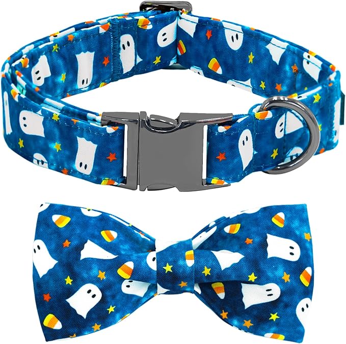 Bobo Rainbow Halloween Dog Collar, Ghost Print Adjustable Pet Collar Blue Cute Cotton Soft Collars with Bow Tie Fall Metal Buckle Holiday Puppy Collars Boy&Girl Gift for X-Small Dogs