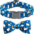 Bobo Rainbow Halloween Dog Collar, Ghost Print Adjustable Pet Collar Blue Cute Cotton Soft Collars with Bow Tie Fall Metal Buckle Holiday Puppy Collars Boy&Girl Gift for X-Small Dogs