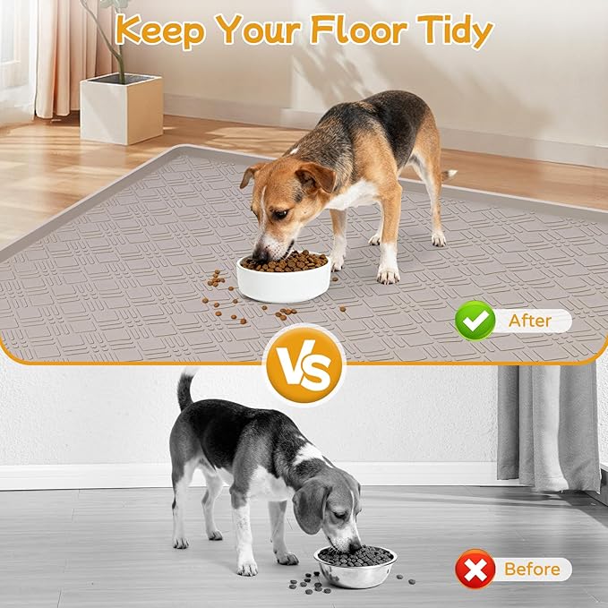 Lanstics Dog Food Mat 42" x29" Large Silicone Mat with Raised Edge Beige