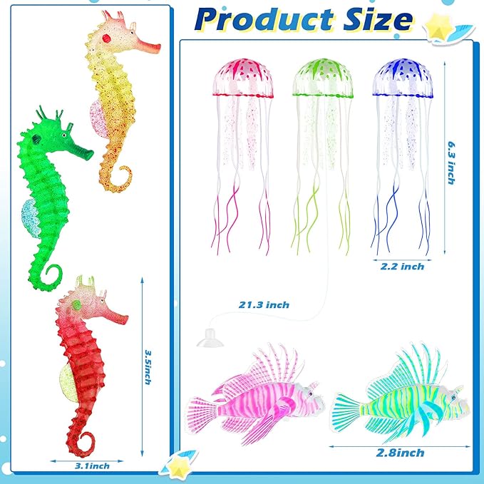Patelai 8 Pcs Glow in The Dark Jellyfish Aquarium Decorations 8 Pcs Silicone Floating Fake Fish Tank Decor Set with Lionfish Seahorse Floating Aquarium Decor (Dreamy Color)