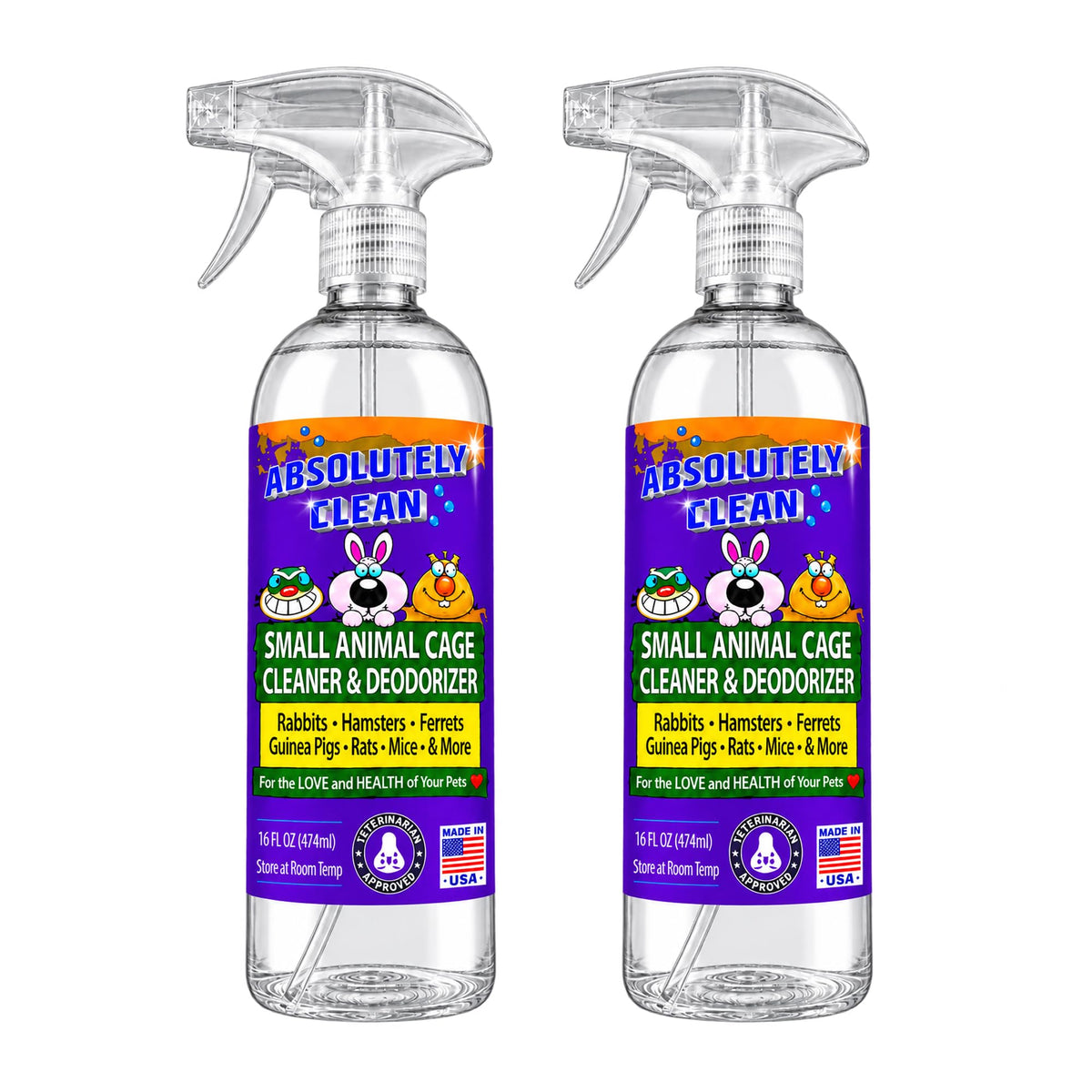 Absolutely Clean Amazing Small Animal Cage Cleaner, Just Spray/Wipe, Easily Removes Messes & Odors - Hamster Cages, Mice, Rat Cage, Guinea Pig Cage, Rabbit Cage, Ferret Cage, Dog Cage - USA Made