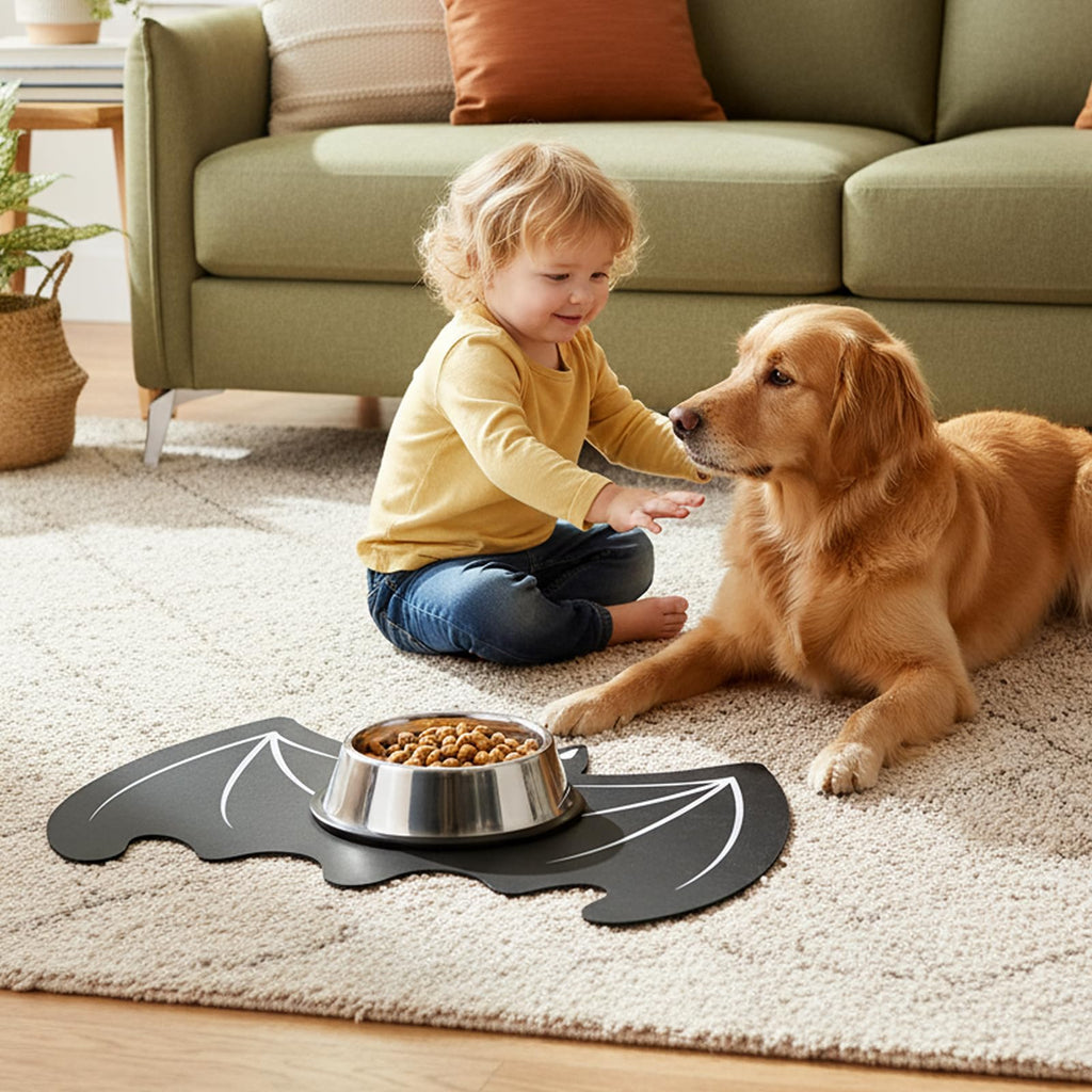 Pet Mat for Food and Water, Absorbent Non-Slip Quick Dry Dog Food Mat for Dog Cat Bowl Indoor Outdoor Pet Dining Gift Halloween Decorations (11.8 * 19.68in, Bat)