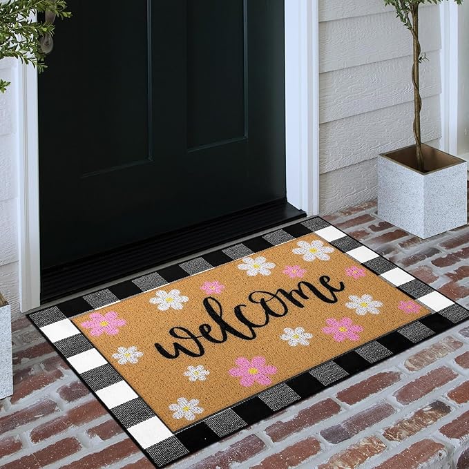 Tinideya 2 Pcs Spring Door Mat Outdoor Layerd Pink Flower Welcome Mat