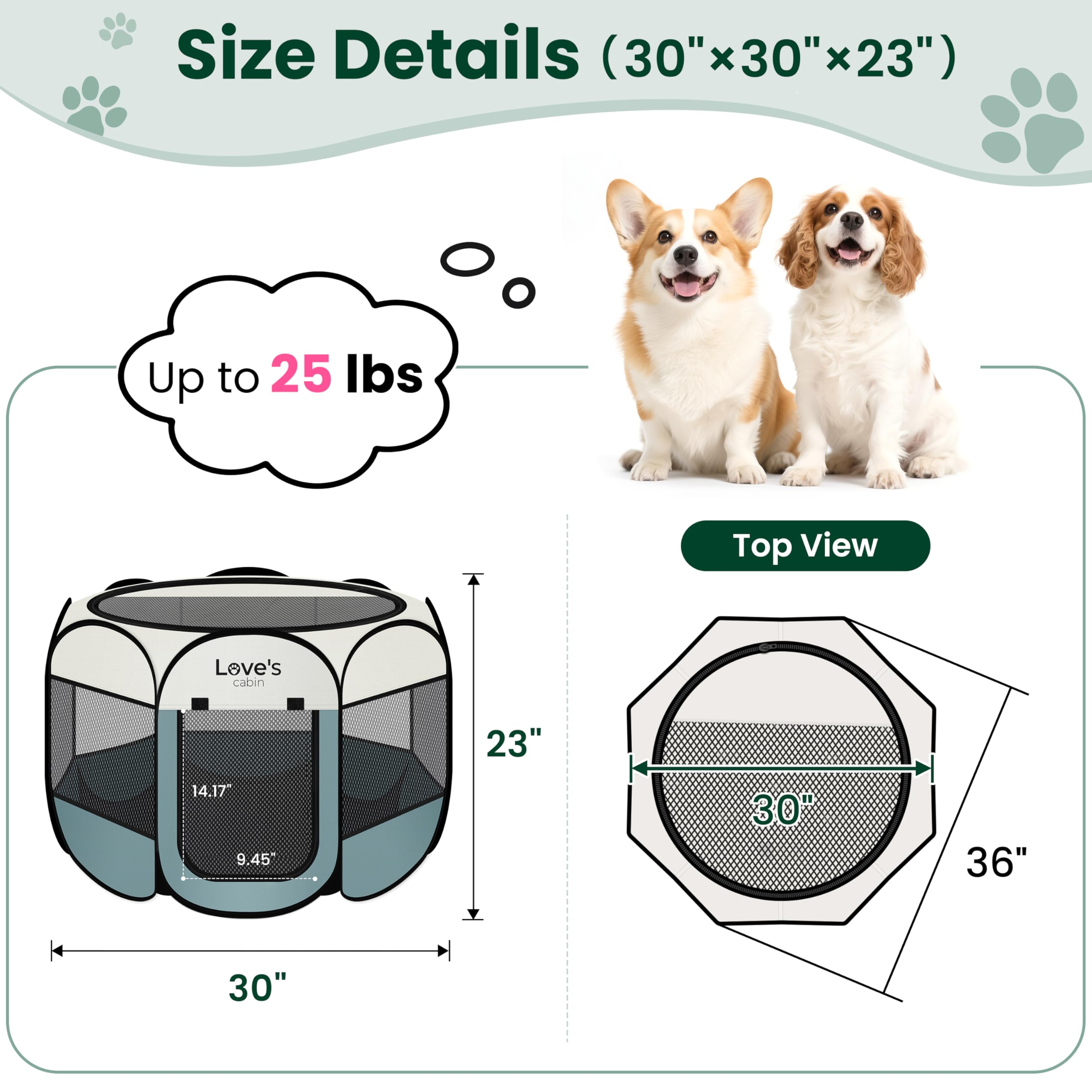 Love's cabin Pet Puppy Dog Playpen, Medium Dog Tent Crates Cage Indoor/Outdoor, Portable Playpen for Cat, Foldable Pop Up Dog Kennel Playpen with Carring Case, Removable Zipper Top, Moss Green