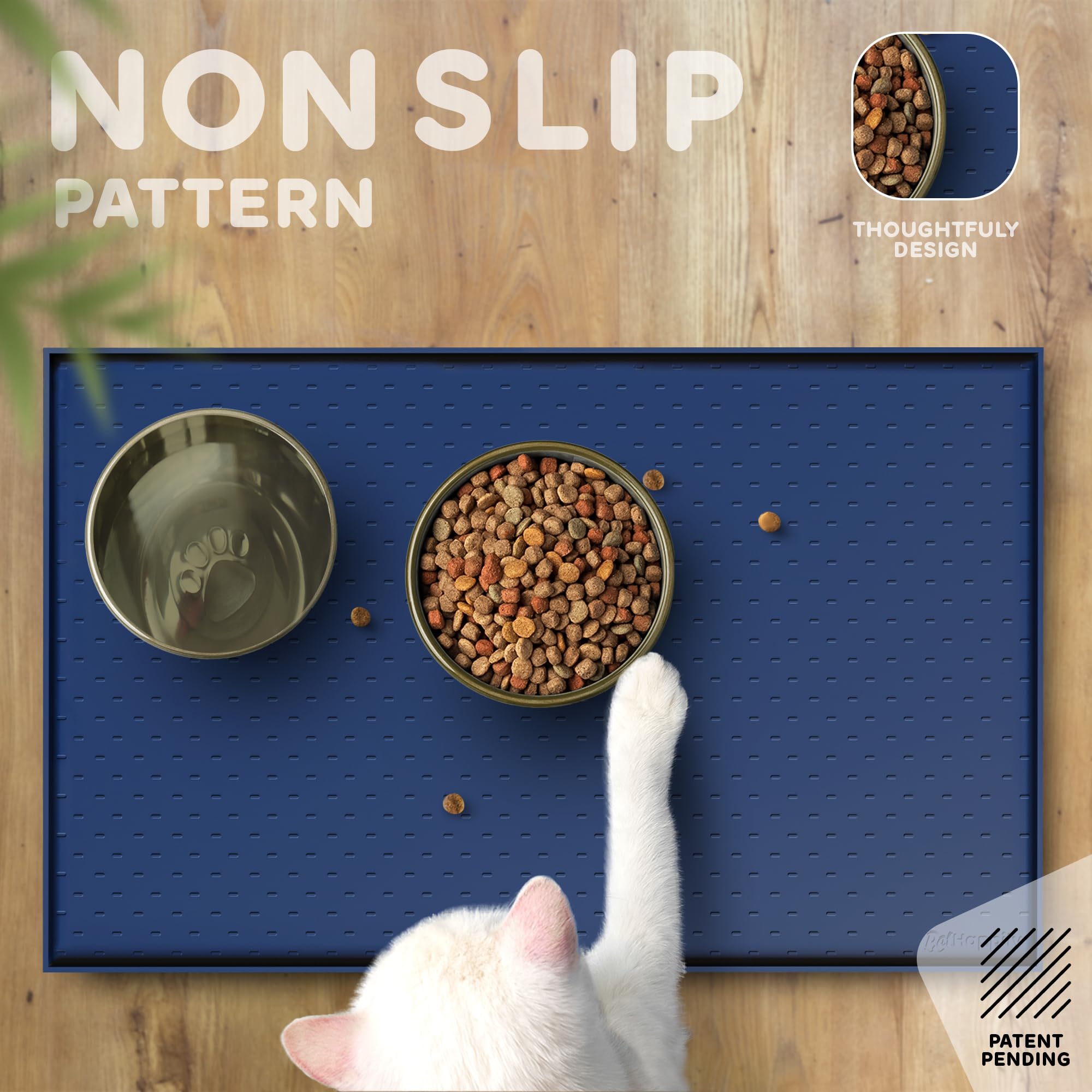 Dog Food Mat - 24x15 Raised Edges Dogs Mat for Food and Water Prevent Spill, Waterproof Cat Food Mats Protect Floors, Easy Clean Dog Bowl Mats for Food and Water, Silicone Pet Feeding Placemats Navy