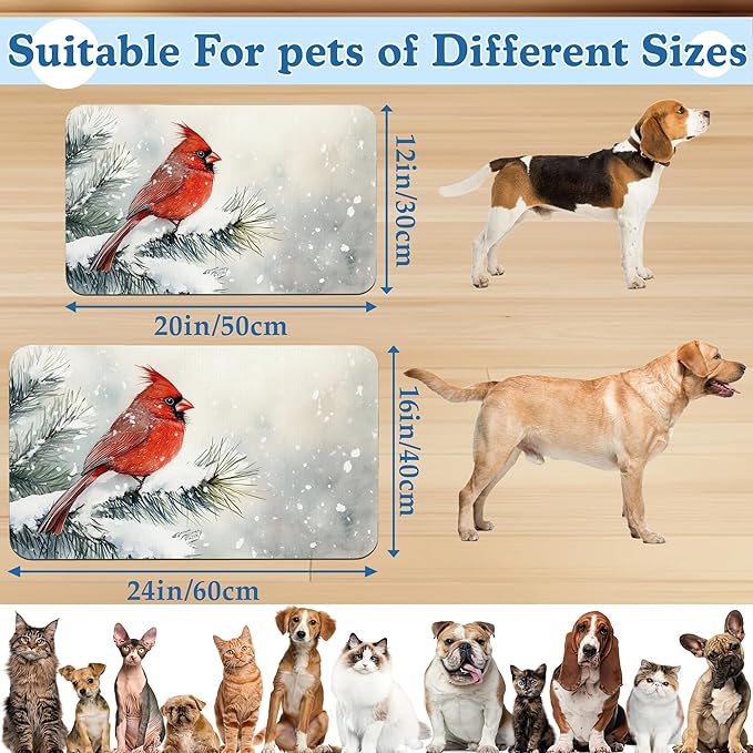 Cardinal Bird Dog Food Mat–Chirstmas Snow Absorbent Quick Dry Feeding Placemat for Food and Water Bowls, Non Slip Rubber Backing, Waterproof Pet Supplies for Mess-Free Eating 16"x24"