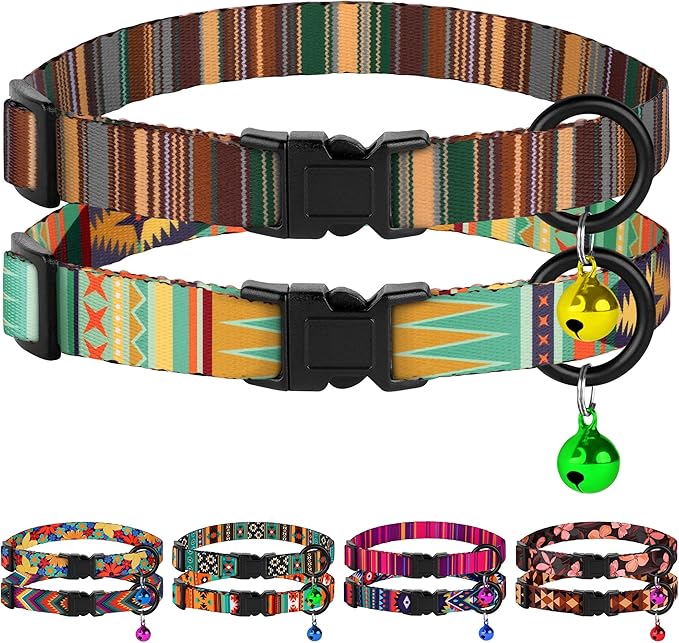 Cat Collars 2 Pack - Soft Cute Breakaway Collar with Bell, Adjustable Safety Kitten Collars for Girl & Boy Cats – Comfortable Stylish Patterned Print Lightweight (Crossandra + Geometric)