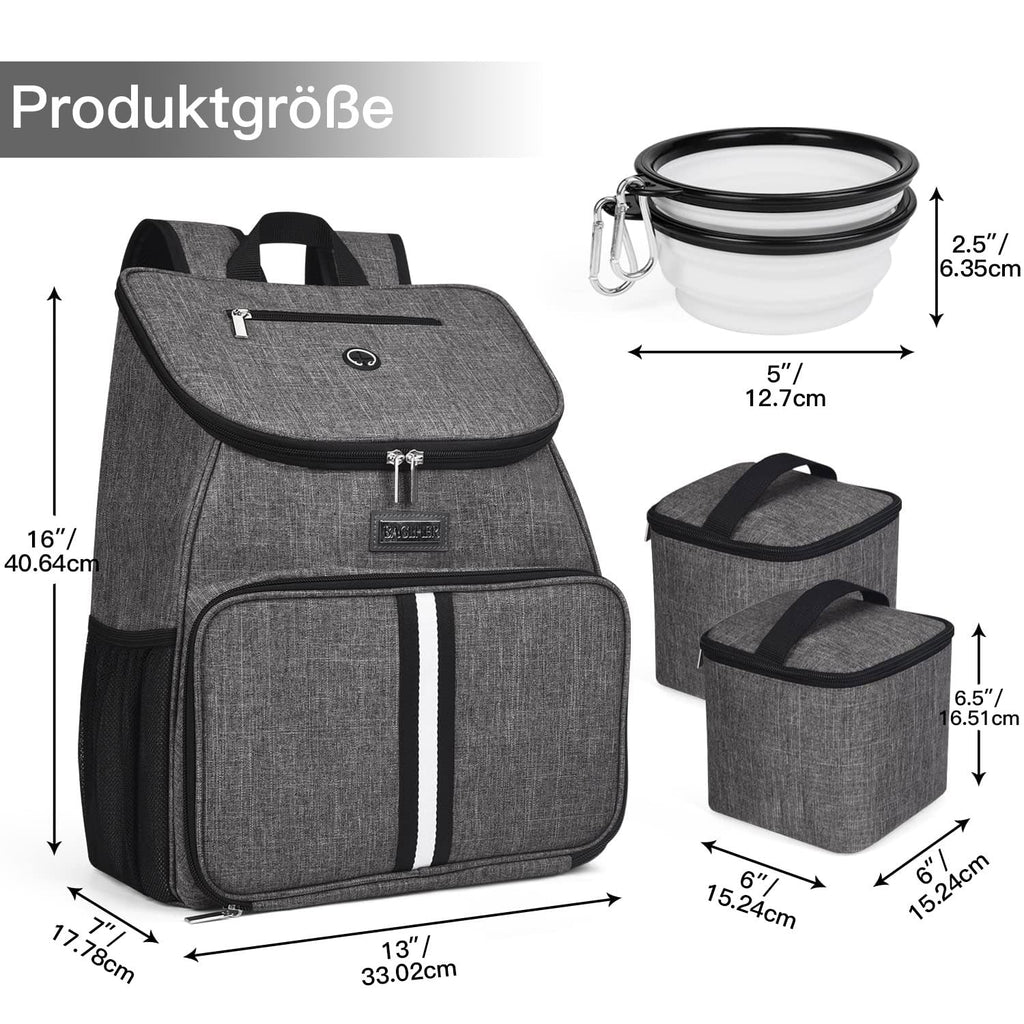 BAGLHER丨Dog Travel Bag, Airline Approved Pet Supplies Backpack, Dog Travel Backpack Accessories Set with 2 Silicone Collapsible Bowls and 2 Food Baskets, Gray