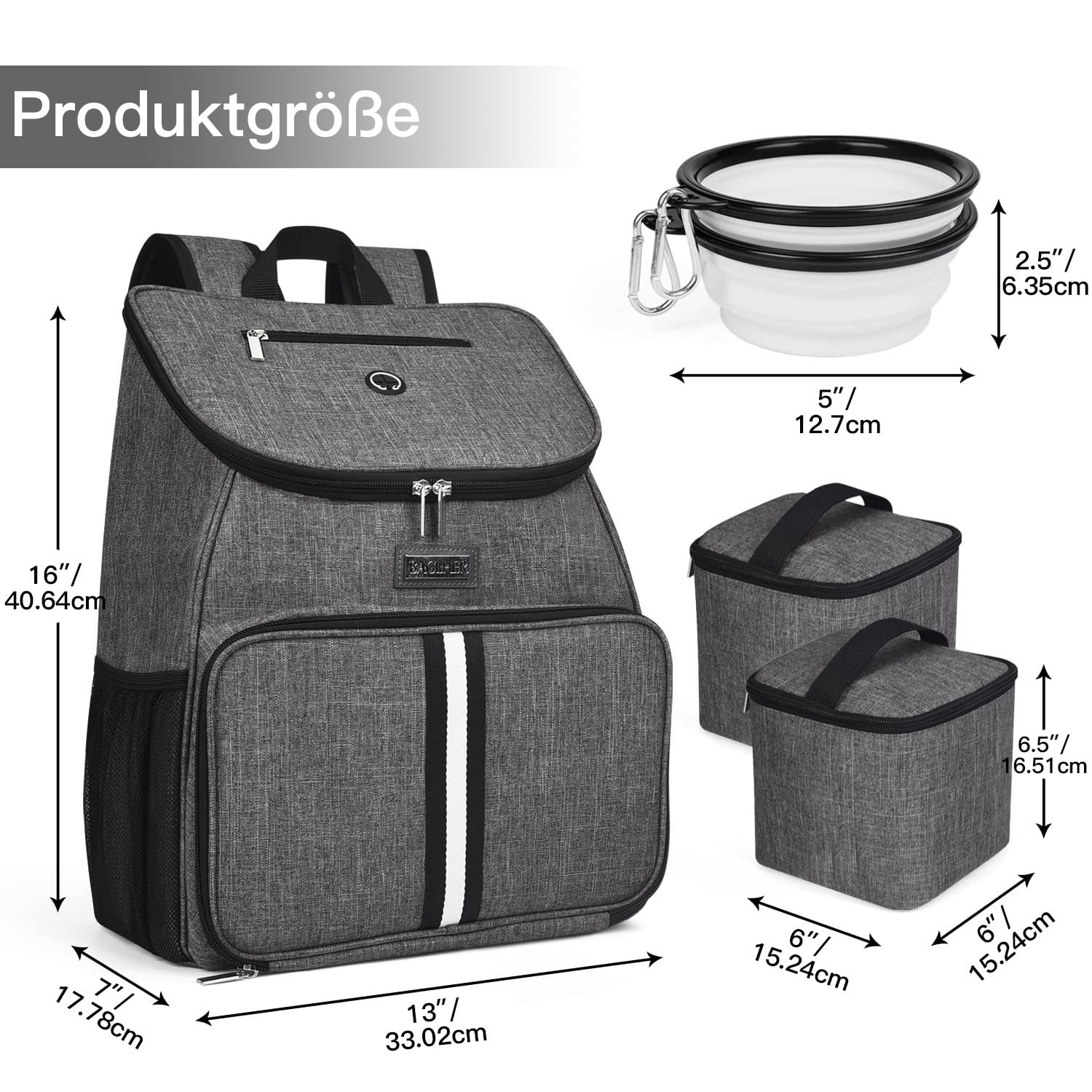 BAGLHER丨Dog Travel Bag, Airline Approved Pet Supplies Backpack, Dog Travel Backpack Accessories Set with 2 Silicone Collapsible Bowls and 2 Food Baskets, Gray