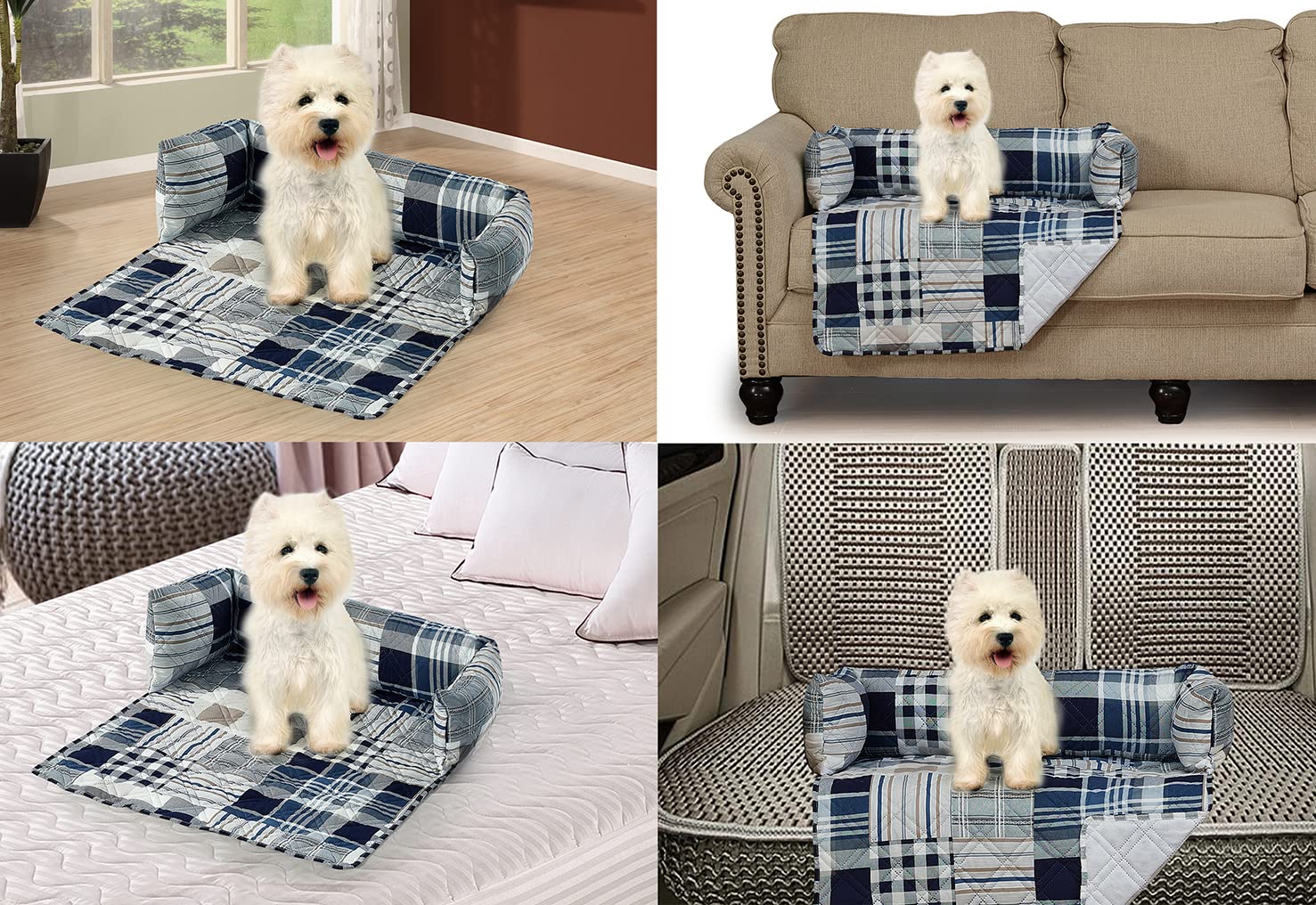 Brilliant Sunshine Blue Plaids and Stripes Patchwork Pet Sofa Bed, Quilted, Slip Resistant, Washable Couch Protector with Removable Bolster Cushions, Furniture Cover for Pets, Dogs, Cats, Medium, Blue