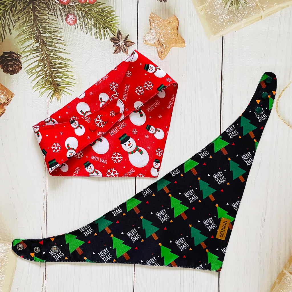 THLOH Christmas Dog Bandanas with Snap Button - 2 Pack Reversible Santa Claus Dog Scarf for Boy & Girl, Dog, Christmas Tree Holiday Bandana for Medium and Large Dogs (Large)