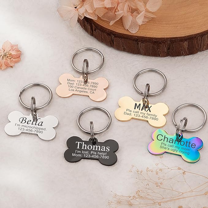 Anavia Personalized Pet ID Tags, Stainless Steel Glossy Laser Engraved Dog Cat Collar Name Tags, Multiple Colors Shapes Sizes (Bone, Small)