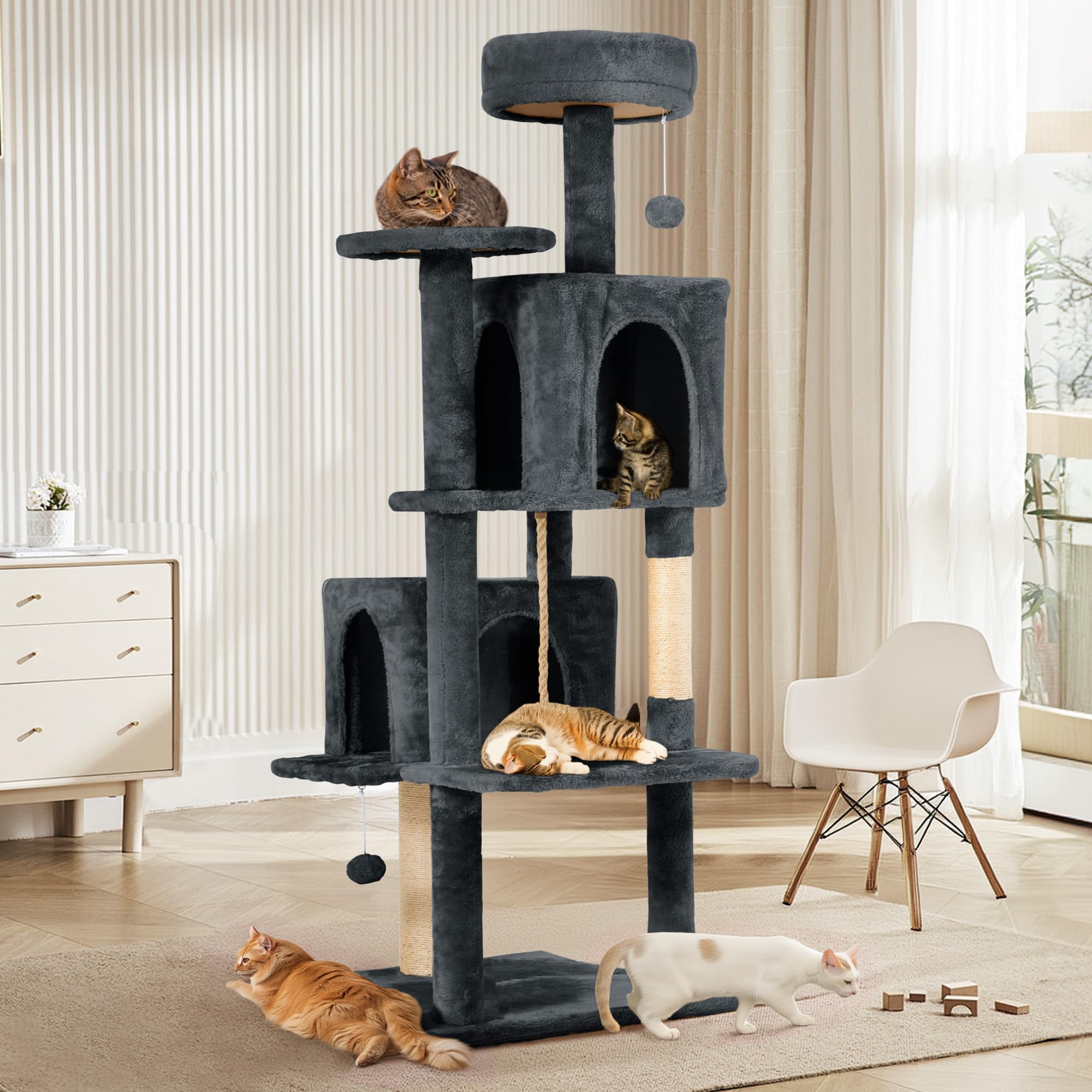 TSCOMON 58.5inch Large Cat Tree Tower Condo for Indoor Cats, Soft Plush Multi-Level Climbing Tree Cat House with Cat Cave, Scratching Post, More Entrance/Exit, Sisal Rope, Grey Black