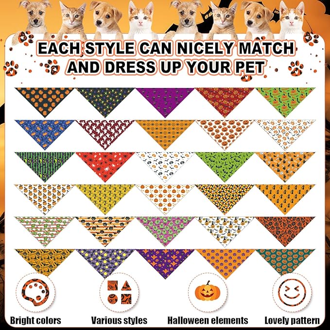 Sanwuta 120 Pcs Bandanas for Dogs Bulk Summer Triangle Dog Bandana Washable Pet Scarves Adjustable Bibs for Small and Medium Pets, 30 Styles (Halloween)