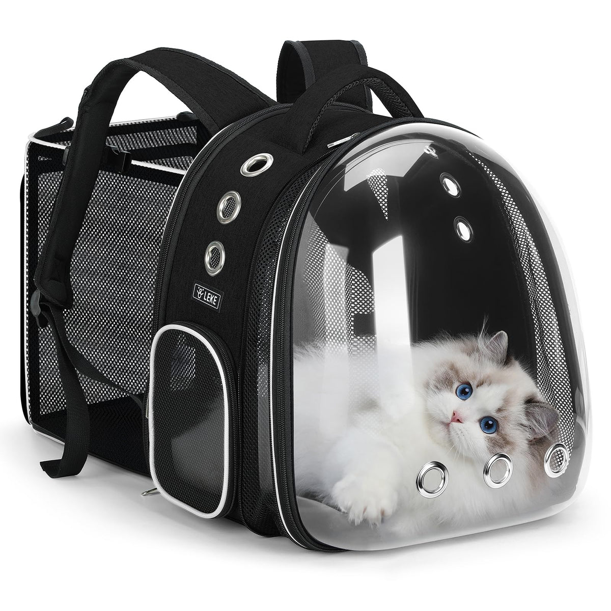 Lekereise Expandable Cat Backpack Carrier for Cats and Small Dogs up to 18 lbs, Widened Interior with 30% More Bottom Space, Rear Expansion up to 80% More Space (Deep Black, S– Comfort)