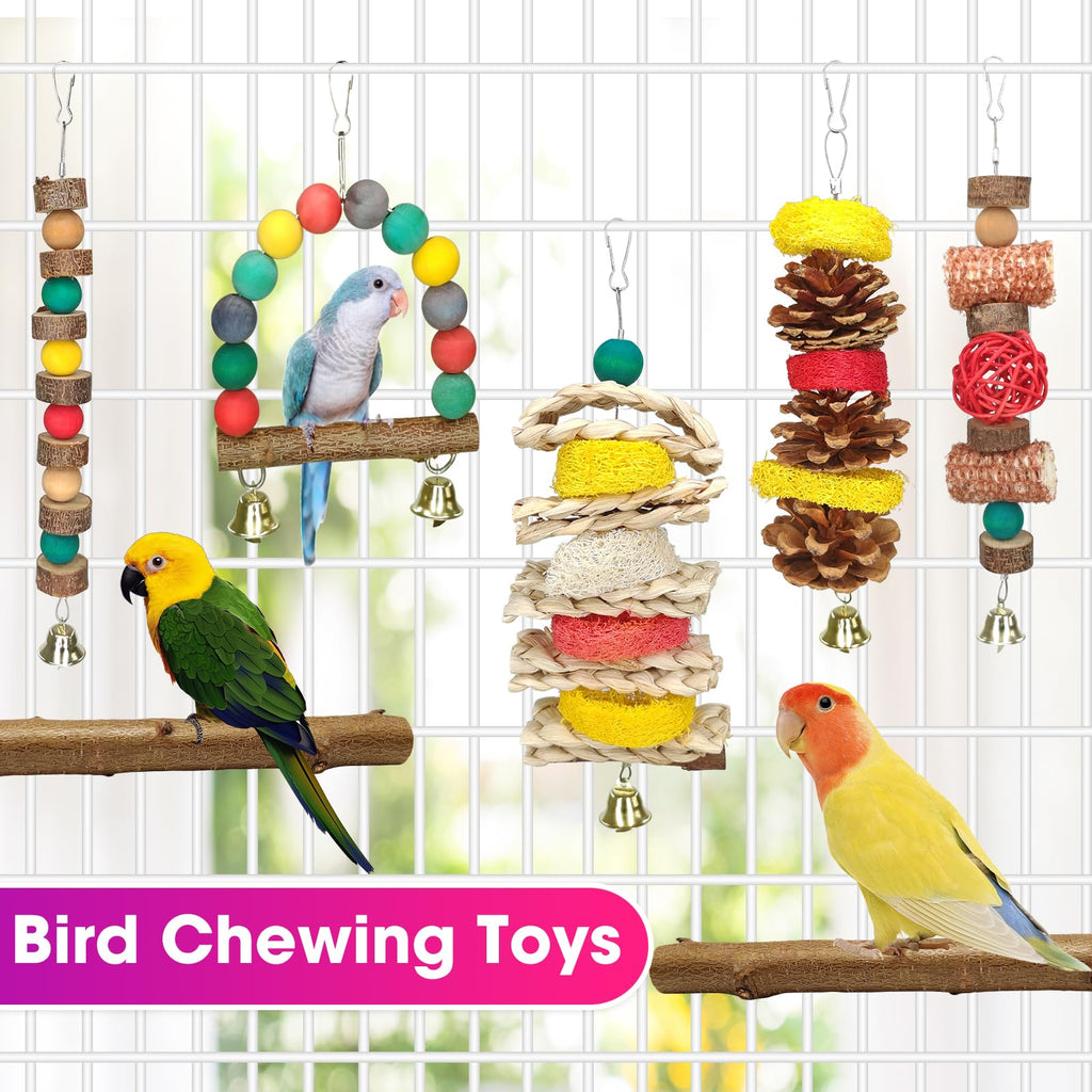 JOREWOOD 7 Pcs Natural Wood Bird Toy & Perch for Parakeets, Cockatiel & Lovebird, Budgie Play Accessory for Small Parrots Indoor Cage