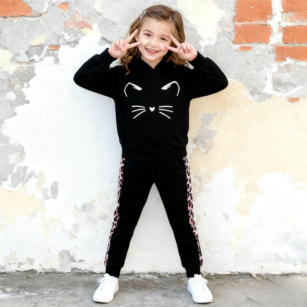 Axumity Toddler Girl Clothes Cat Print Long Sleeve Hoodie Sweatshirt and Colorblock Leopard Pants 2-piece Outfit Set(Black,2-3T)