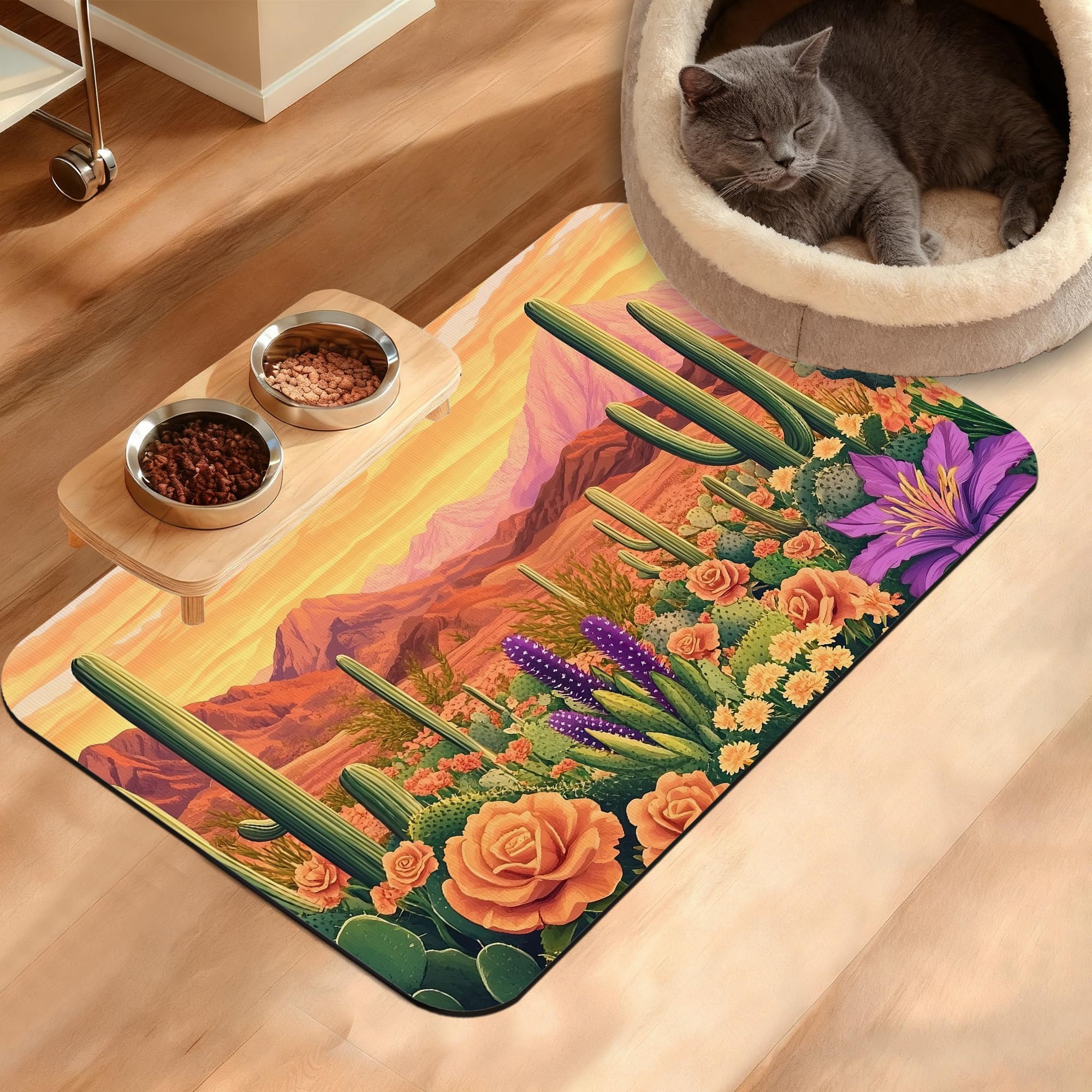 Pet Feeding Mat,Cactus Absorbent Dog Cat Food Mat Desert Dog Mat with Rubber Backing,Non-Slip Water Bowl Placemat,Pet Supplies 16" x 24"