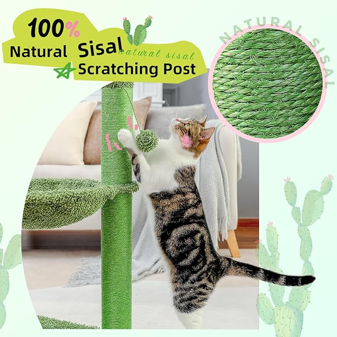 PAWZ Road Cactus Cat Tree, 33 Inchs Cat Tower with Cat Self Groomer, Soft Hammock and Fully Wrapped Sisal Scratching Post for Indoor Cats