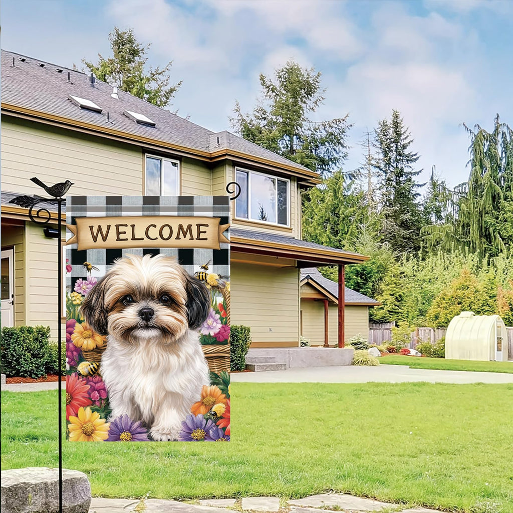Starlit Patio Spring Summer Garden Flag Shih Tzu Dog Flag 12x18 Inch Double-Sided Cute Puppy Yard Banner Buffalo Plaid Floral Outdoor Decor for Porch Lawn Pathway Dog Lover Housewarming