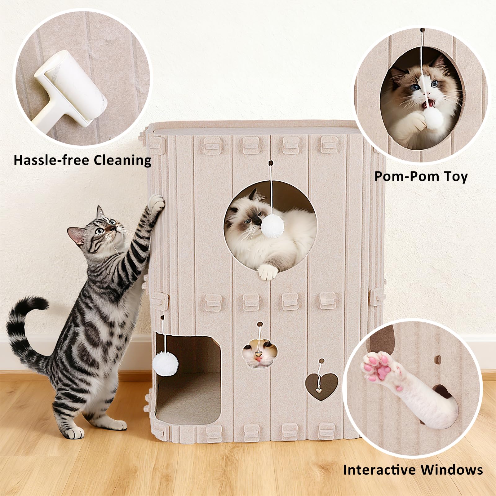 TOYSBOOM Cat House for Indoor Cats - 2-Story Enclosed Cat Bed Cave for Multiple & Large Cats, Felt Covered Pet Hideaway Tunnel Condo House, Kitty Hut Hideout Cube, Scratch Resistant, Beige