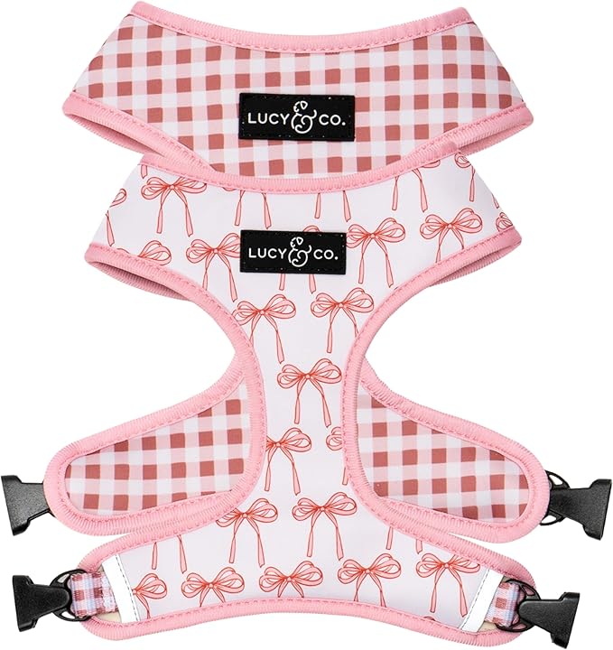 Lucy & Co. Reversible Dog Harness - Water-Repellent Neoprene, Dual-Print Design, Easy Swap Style, Adjustable Comfort Fit - Take a Bow Reversible Harness - Medium