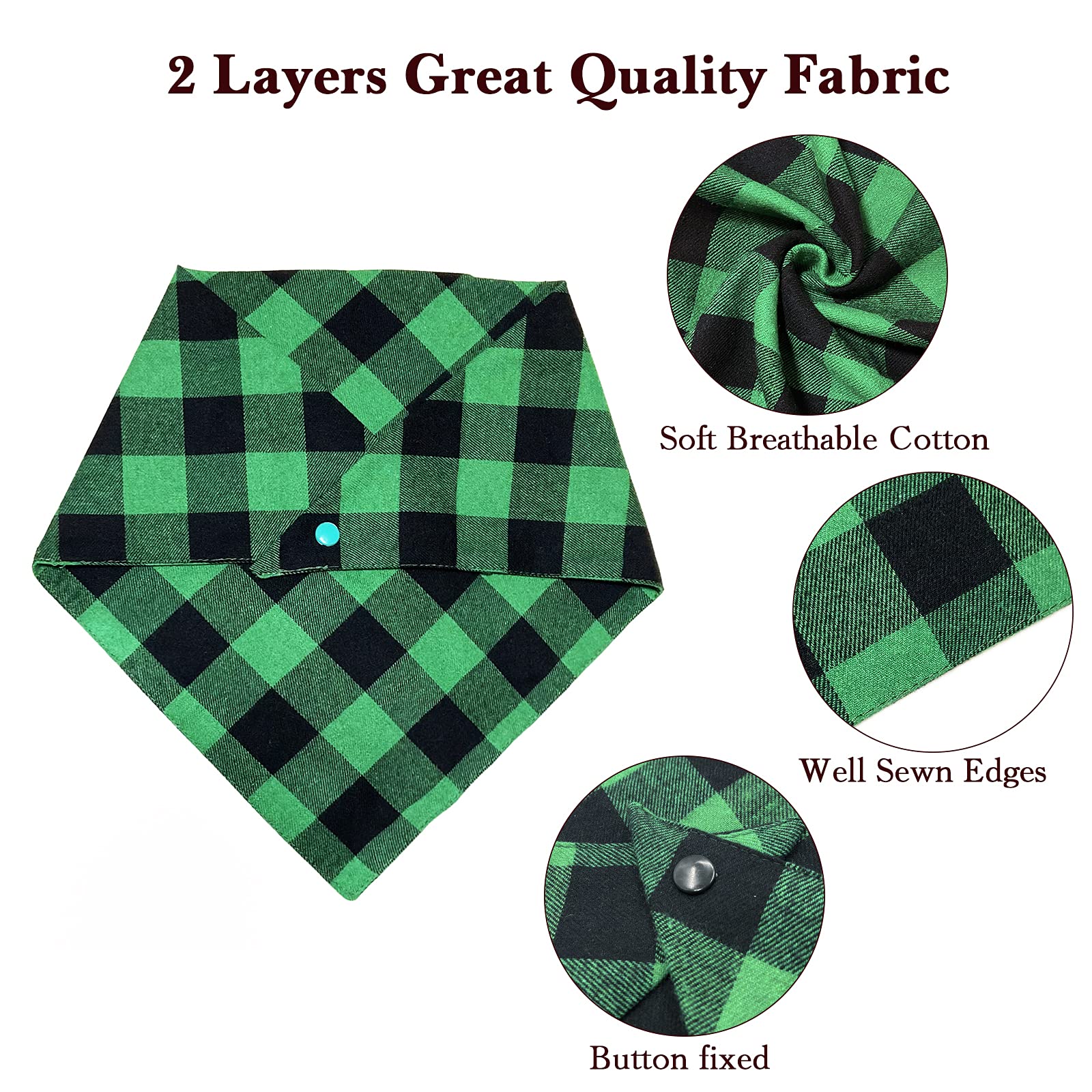 Christmas Plaid Dog Bandana with Button, Fall Dual Layer Soft Cotton Triangle Dog Scarf Kerchief Washable Girl Boy Dog Bandanas Adjustable Accessories for Small Medium Large Extra Large Dog Puppy Pet