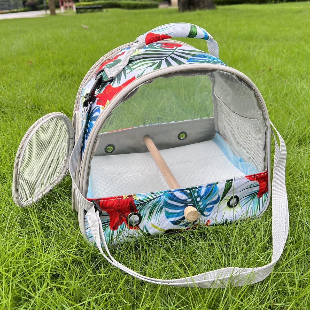ORIZZP Portable Small Bird Travel Carrier Cage with Stand Perch, Bird Carrier to Carry Parakeet Budgies Parrot Cockatiel Conure Outdoor, Front Clear Window with Floral Printing